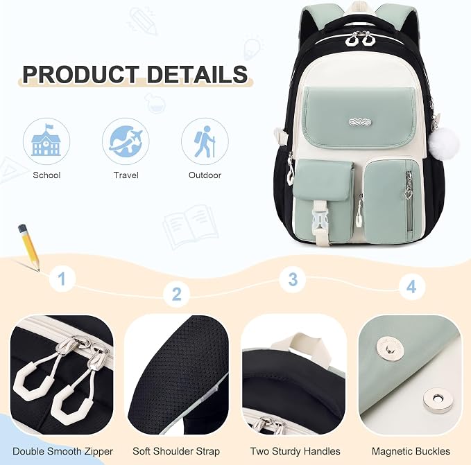 DIGOBAY Backpacks for Girls, 3PCS School Backpack with Lunch Box Pencil Pouch for Teen Girls Kids Elementary Primary Middle High College Travel School bag Bookbag Set （Black Green） - Image 5