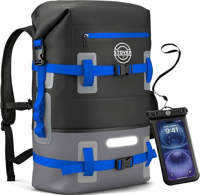 STOVER 30/40/55L Waterproof Dry Backpack & Phone Case - 2XL Floating Dry Bag for Kayaking, Travel, Hiking, Fishing, Camping, Motorcycles & Beach, Heavy-Duty Roll Top Men/Women (Black/Grey/Blue) by STOVER