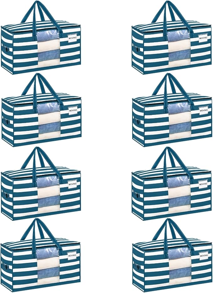 VENO 8 Pack Heavy Duty Moving Bags, Clothes and Comforter Storage Bags with Clear Window, College Dorm Essentials Packing Supplies, Foldable Boxes Alternative (Classic Navy Stripe, 8 Pack) by Veno