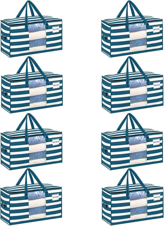 VENO 8 Pack Heavy Duty Moving Bags, Clothes and Comforter Storage Bags with Clear Window, College Dorm Essentials Packing Supplies, Foldable Boxes Alternative (Classic Navy Stripe, 8 Pack) by Veno