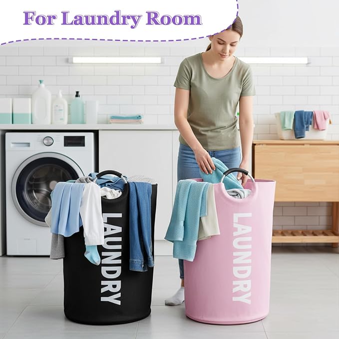 125L Laundry Hamper 2Pcs, Large Laundry Basket with Reinforced Handle, 600D Oxford Cloth Dirty Clothes Hamper, Foldable Washing Bin for Bedroom, Bathroom, Livingroom, Black + Pink - Image 7
