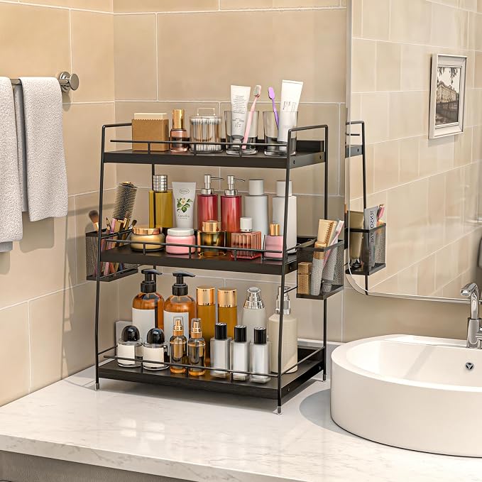Bathroom Counter Organizer,Bathroom Countertop Organizer with Baskets,Vanity Organizers,Counter Shelf,Countertop Storage, Makeup Organizers(Black) - Image 2