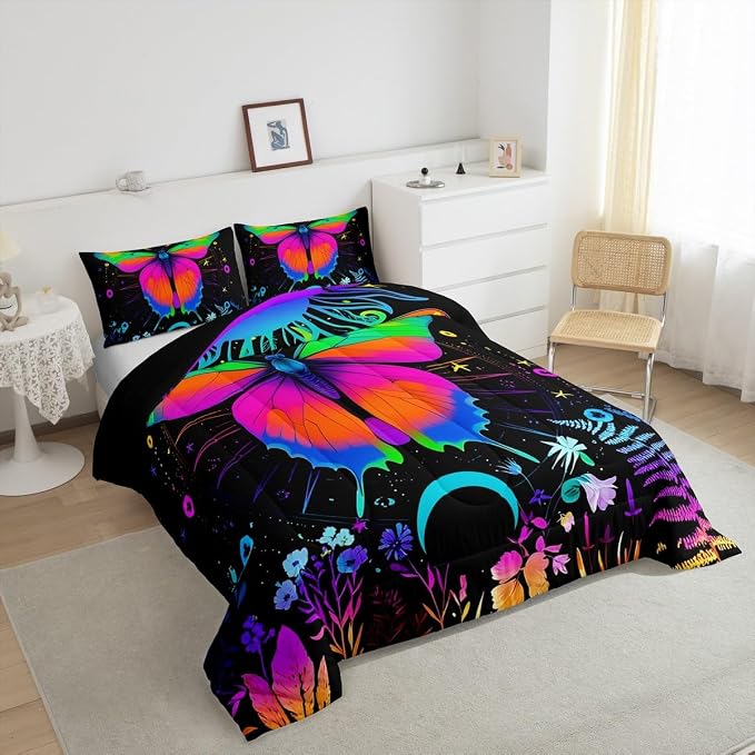 Erosebridal Moth Comforter Set King Hippie Psychedelic Sun and Moon Bedding Set,Purple Blue Ombre Galaxy Floral Botanical Comforter for Girls Teens Women Stars Planet Quilt Duvet 2 Pillowcases - Image 3