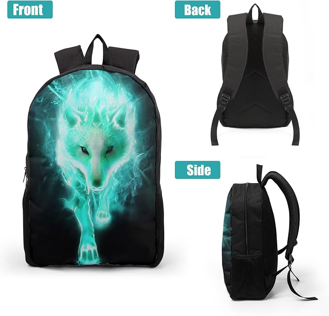 Giwawa Cyan Wolf Backpack 3-Piece Set, Cool Wilderness Animal Pattern Bookbag Lunch Bag Stationery Holder Case for School College Students Daily Essentials Camping Trips Outdoor Travel - Image 2