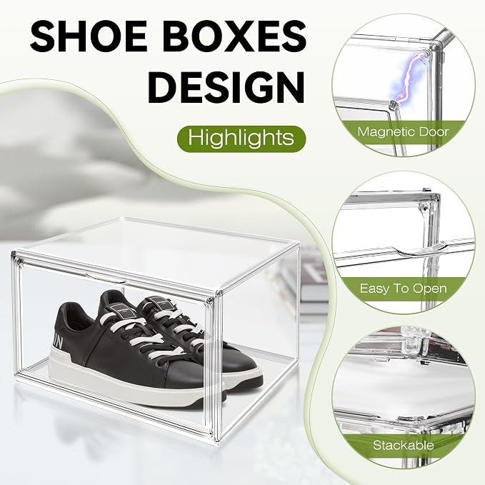 12 Pack Clear Plastic Shoe Boxes, Stackable Magnetic Door, Fit Size 12.5 | 14.2 x 10.6 x 8.1 in clear plastic boxes for daily sneakers, casual shoes and closet storage - Image 4