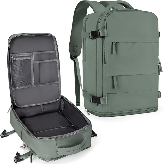 coowoz Large Travel Backpack For Women Men,Carry On Backpack Flight Approved,Hiking Backpack Waterproof Outdoor Rucksack Casual Daypack Fit 15.6 Inch Laptop Shoes Compartment,30L(Olive Green) by coowoz