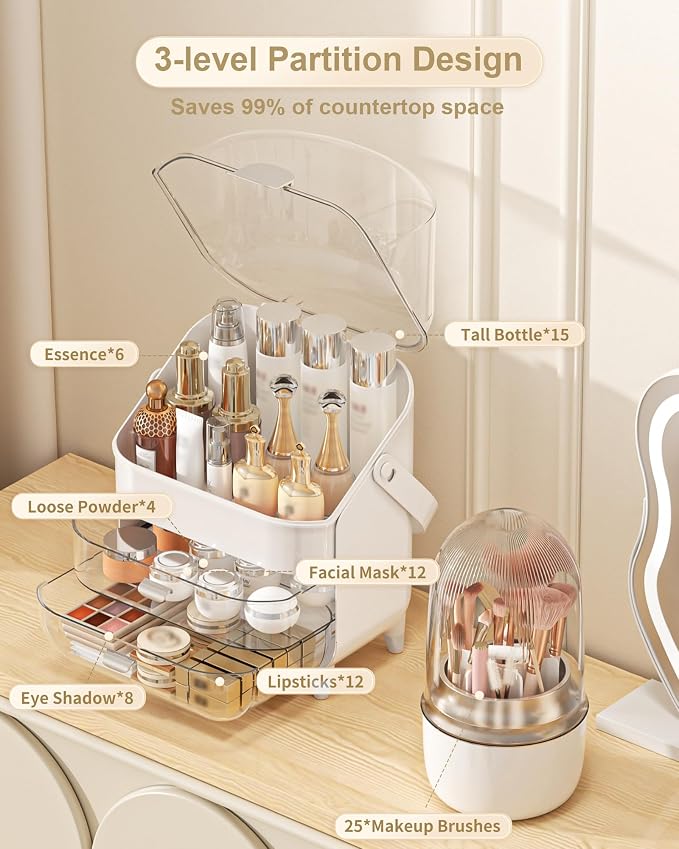 Makeup Organizer Countertop, Skincare Holder Bathroom Counter Organizer, Storage Box Cosmetic Display Cases, Teen Girl Gifts Make up Organizers (Sliver/Brush) - Image 5