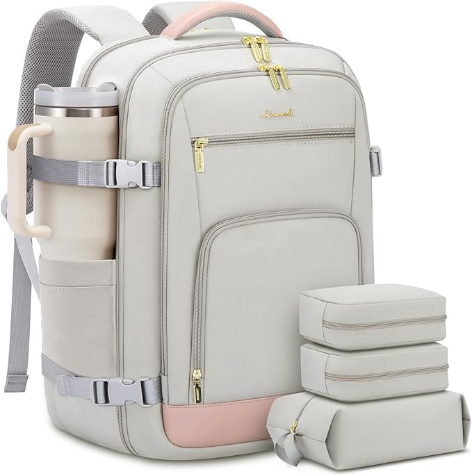 LOVEVOOK Large Travel Backpack For Women, 50L Carry On Backpack Flight Approved, TSA Personal Item Bag, Waterproof Laptop Backpack Fits 18 Inch Laptop, Business Weekender Overnight With 3 Cubes, Grey by LOVEVOOK