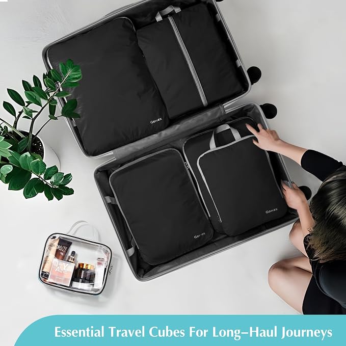 Gonex Compression Packing Cubes, 6pcs Expandable Storage Travel Luggage Bags Organizers with Shoe Bag, Clear Toiletry Bag (Black) - Image 9