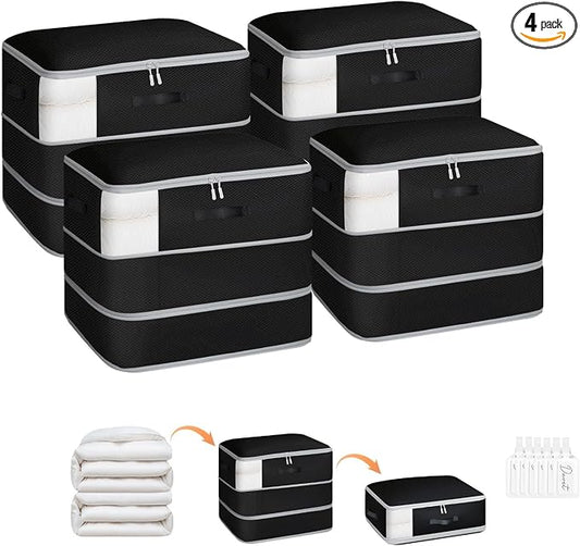 Homsorout 4 Pack Compression Storage Bags - 110L Large Capacity Comforter Storage Bag, 3-Layer Washable Ultra Space Saving Self Compression Organizer Space Bags for Blanket, Sweater, Sheet, Black by Homsorout