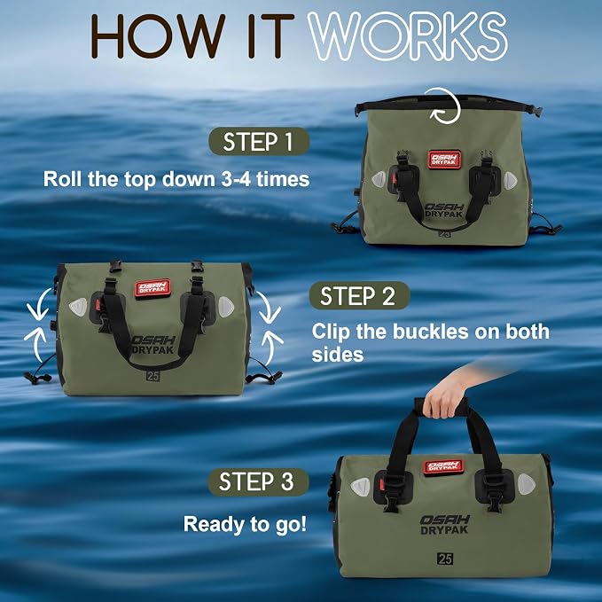 OSAH DRYPAK Waterproof Duffel Bag - Motorcycle Dry Bag Tail Bag with Large Storage Space, Waterproof Luggage Duffle Bags with Outer Mesh Zipper Pocket for Camping, Kayaking, Fishing & Traveling - Image 5