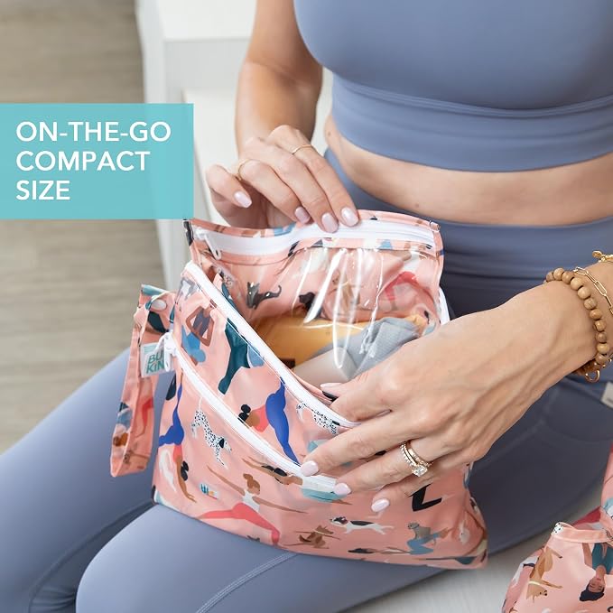 Bumkins - Waterproof Wet Bag, Wet/Dry Clutch & Clear Travel Bags - For Beach, Baby, Travel, Cloth Diapers, Pump Parts, Pool, Gym, Toiletries - Reusable & Easy to Clean - Yoga Pals - 5 Pack - Image 4