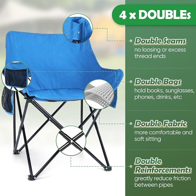 HaSteeL Camping Chair for Adults, Compact Folding Portable Chairs Set with Side Pockets for Outdoors Fishing, Hiking, Backpacking, Picnic, Beach, Travel, Supports to 250lbs, & Storage Bags (Blue) - Image 3
