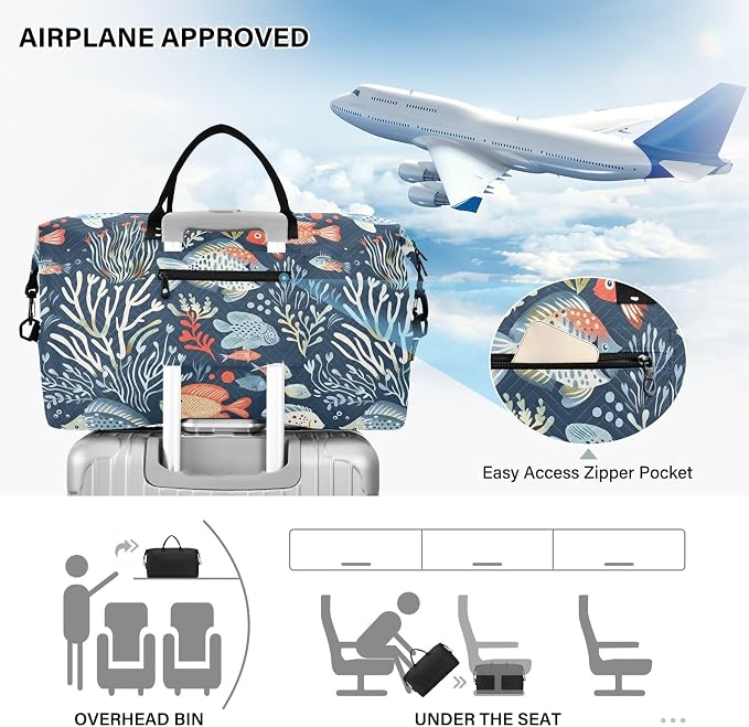 Weekender Bags Travel Duffel Gym Bag Carry on Overnight Tote Bag with Toiletry Bag for Airplane Travel Trip Gym Yoga (Ocean Animals and Plants) - Image 5