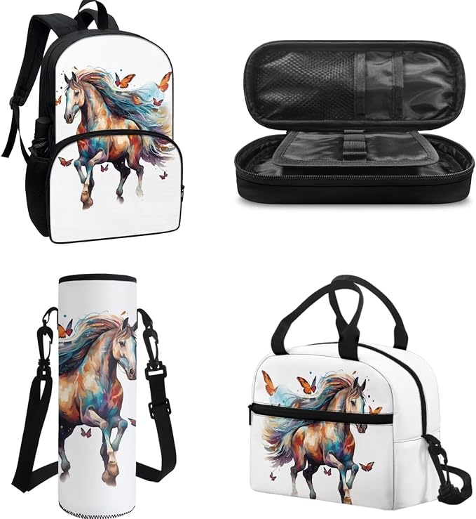 POLERO Butterfly Horse Backpacks Teen Girl Backpack Set 4Pcs Middle School Elementary Bookbags with Lunch Box Pencil Case Water Bottle Sling Bag - Image 2