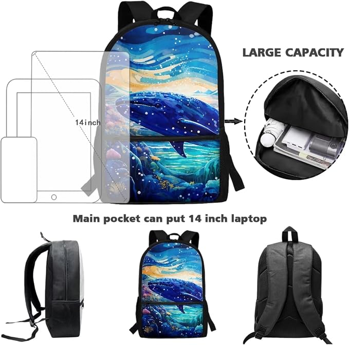 Backpack Set for Student Sea Dolphin Print Large Capacity Schoolbag Lunch Box Pencil Case 17 Inch Travel Laptop Backpacks Lightweight Rucksack Casual Daypack for Outdoor - Image 3