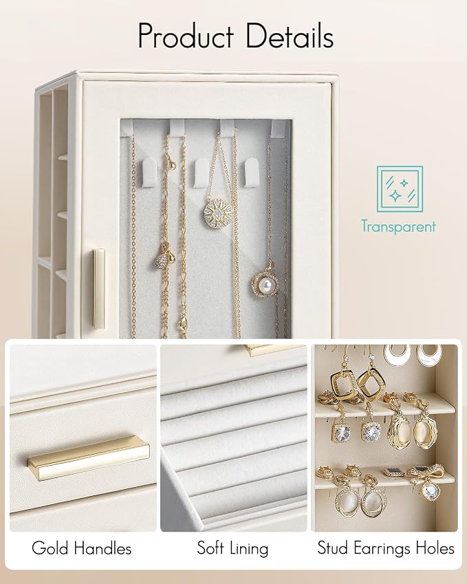 VLANDO 360ｰ Rotating Jewelry Box with 5 Drawers, Large Jewelry Storage with 2 Glass Window, PU Leather Jewelry Organizer for Bracelets, Necklaces, Earrings, Rings - Cloud White - Image 5