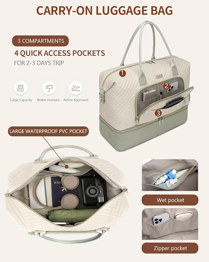 Weekender Bags for Women, Travel Duffle Bag Carry On Overnight Bag with Cosmetics Bag and Crossbody Purse for Gym Hospital, Gifts for Women, Beige Green - Image 5