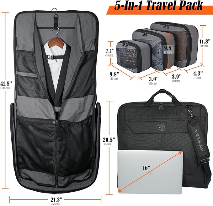 WELKINLAND 3-Suits Garment Bags for Travel W/ 4-Pack Compression Packing Cubes, 30L-Large Carry On Garment Bag for Travel, 15-Pockets Suit Holder Travel Bag, Wrinkle-Free Suit Garment Bag for Men - Image 3
