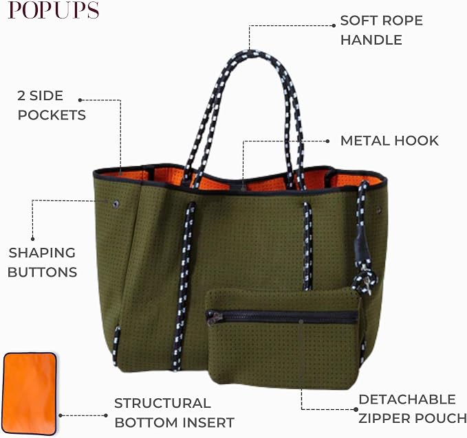 POPUPS Large Neoprene Tote Bag for Women - Everyday Designer Handbag for Travel Work and Beach with Pockets and Zipper Pouch - Image 7