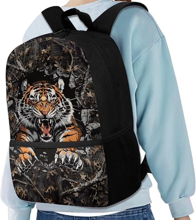 Tiger Camo Backpack for Boys Kids Backpack with Lunch Box Water Bottle Carrier with Strap and Pencil Case Pouch 4PCS Set Bookbag with Front Pocket for School 17 inch Large Capacity School Bag - Image 2
