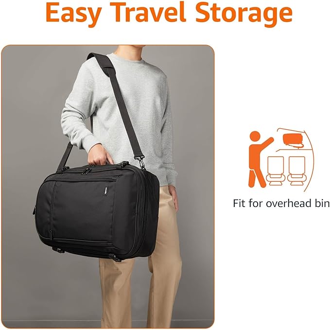 Amazon Basics Travel Backpack,Carry-On with Laptop Compartment, 1.55 cu. ft. Capacity,Expandable for 10% Extra Space,Convertible Backpack & Shoulder Bag,Multiple Pockets,13.8"W x 21.5"H x 9.5"D, Black - Image 4