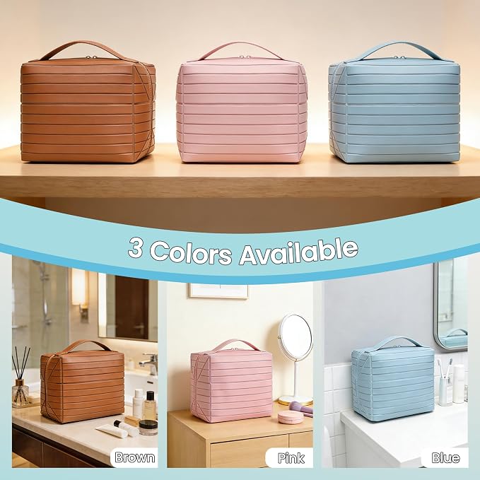 Fold Down Standing Makeup Bag – Large Travel Toiletry Organizer (Blue) | Parallel Design and Adjustable Dividers, Stands Upright or Folds Flat. Multiple Pockets Fit Full‑Size Cosmetics & Toiletries. - Image 8