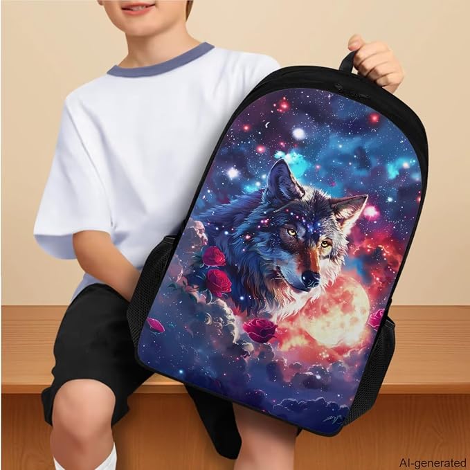 Galaxy Wolf Backpack for Girls Kids Backpack with Lunch Box Water Bottle Carrier and Aesthetic Pencil Case 4PCS Set Bookbag with Compartments for School 17 inch Large Capacity School Bag - Image 3