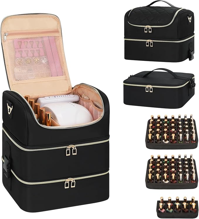 Nail Polish Organizer & Tattoo Travel Case - 3-Layer Nail Organizers and Storage Bag Holds 86-100+ Bottles, Portable Nail Supplies Organizer, Nail Tech Kit Box, Multi-Functional Cosmetic Case by CUBETASTIC