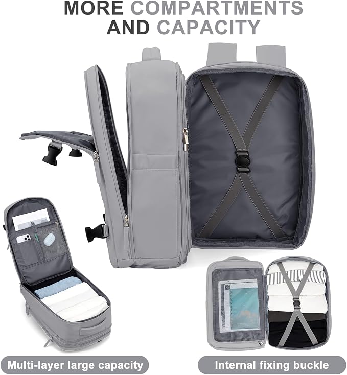 coowoz Large Travel Backpack For Women Men, Carry On Backpack,Hiking Backpack Waterproof Outdoor Sports Rucksack Casual Daypack Expandable Heavy Duty Extra large Backpack Grey Expansion - Image 4