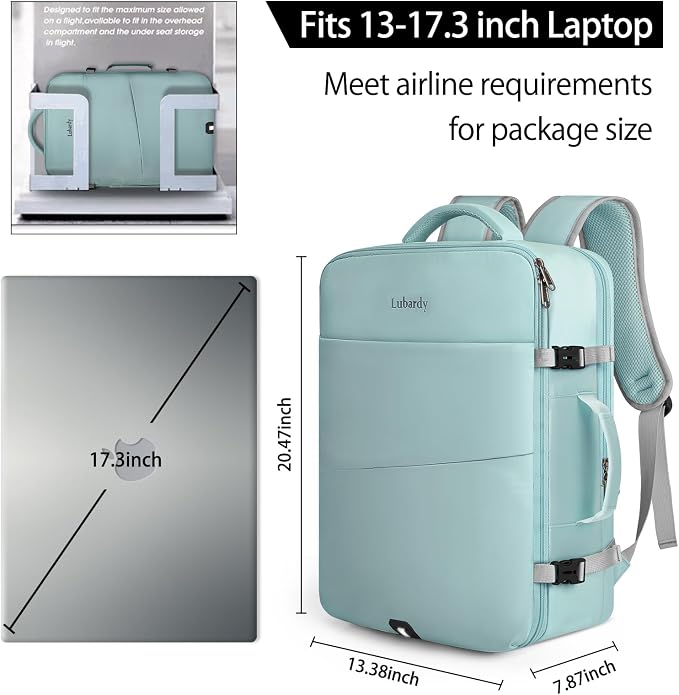 Lubardy Travel Backpack for Men Women 17 Inch Flight Approved Carry on Backpack Waterproof Large 40L Luggage Daypack Business College Weekender Overnight Laptop Backpack with 3 Packing Cubes, Green - Image 3