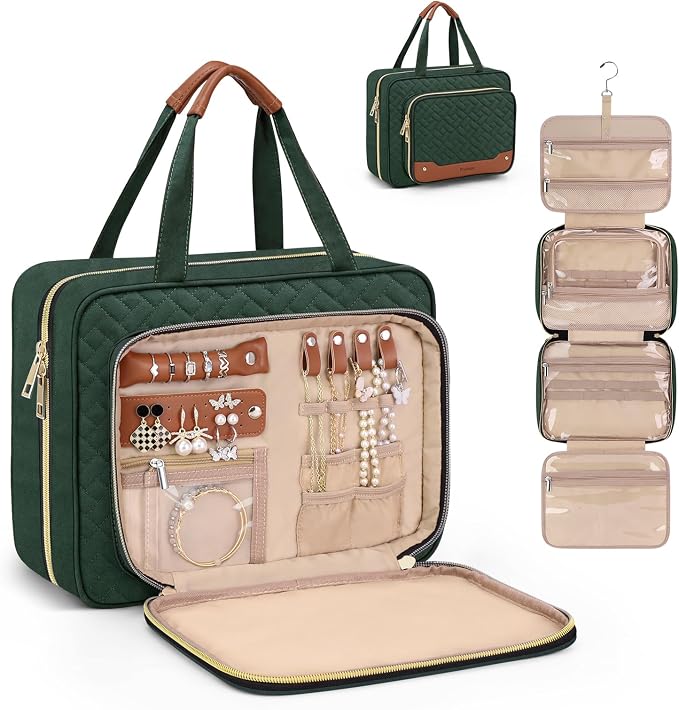 Wedama Toiletry Bag for Women, Hanging Travel Toiletry Bag with Jewelry Organizer Compartment Large Makeup Bag, PVC Waterproof Cosmetic Travel Bag Trips Camping Bathroom, Dark Green by Wedama