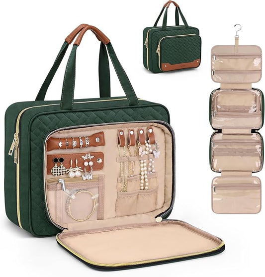Wedama Toiletry Bag for Women, Hanging Travel Toiletry Bag with Jewelry Organizer Compartment Large Makeup Bag, PVC Waterproof Cosmetic Travel Bag Trips Camping Bathroom, Dark Green by Wedama