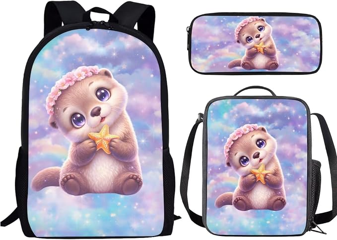 Forchrinse Girls Backpack with Lunch Box Cartoon Otter School Bag for Girls 6-8 and Lunch Bag Set Kawaii Back to School Backpacks 2nd Grade Bookbag Lunchbox Pencil Case by Forchrinse