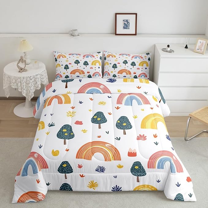 Erosebridal Kids Rainbow Bedding Set Twin Size, Abstract Raindrop Comforter Set Hand Drawn Rainbow Duvet Insert for Girls Boys Teens Adult, Iridescent Stripes Bedding Comforters with 1 Pillow Case - Image 2