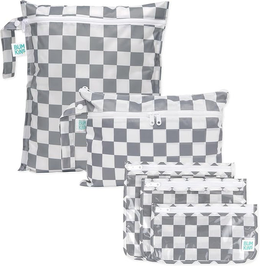 Bumkins - Waterproof Wet Bag, Wet/Dry Clutch & Clear Travel Bags - For Beach, Baby, Travel, Cloth Diapers, Pump Parts, Pool, Gym, Toiletries - Reusable & Easy to Clean - Gray Check - 5 Pack by Bumkins