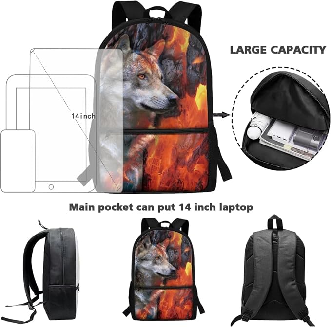 Wolf Lava Fire Print Backpack Set for Student Schoolbag Lightweight Bookbag Lunch Box Pencil Case Fashion 17 Inch Travel Laptop Backpacks Rucksack Daypack with Adjustable Straps - Image 3