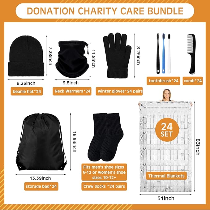 Coume 192 Pcs Christmas Homeless Care Package Supplies Winter Beanies Gloves Neck Warmer Sock Emergency Thermal Blankets Drawstring Bags Toothbrushes and Combs for Men Women Outdoors Winter Homeless