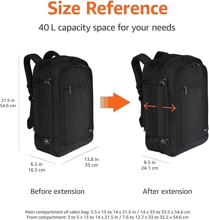 Amazon Basics Travel Backpack,Carry-On with Laptop Compartment, 1.55 cu. ft. Capacity,Expandable for 10% Extra Space,Convertible Backpack & Shoulder Bag,Multiple Pockets,13.8"W x 21.5"H x 9.5"D, Black - Image 3