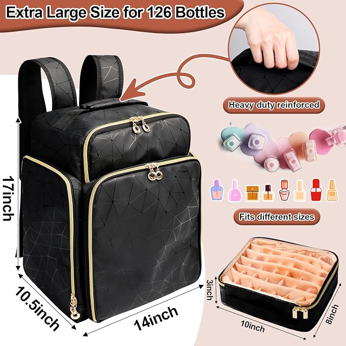 Nail Polish Organizer Backpack Holds 126 Bottles& Nail Lamp, Extra Large Nail Kit Supplies Organizer Bag with 3 Removable Cases, Portable Nail Organizers and Storage for Trave (Elegant Black) - Image 6