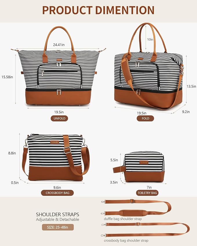 Weekender Bags for Women Travel, Under Seat Carry On Bags for Airplanes Overnight Bag with Shoe Compartment Luggage Sleeve, Foldie Travel Tote Bag Hospital Bag, Travel Gifts, Black Strip - Image 3