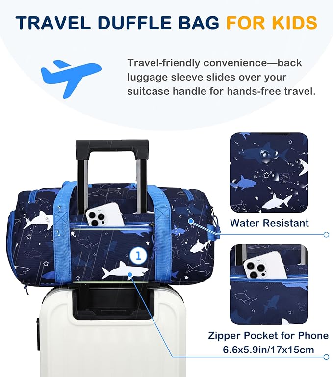 Kids Duffle Bag,VASCHY Travel Bag for Toddler Boys Overnight Sleeping Bag Duffel Ballet Dance Sport Carry On Weekender Bag with Shoes Compartment Dry Wet Pocket Sharks - Image 5