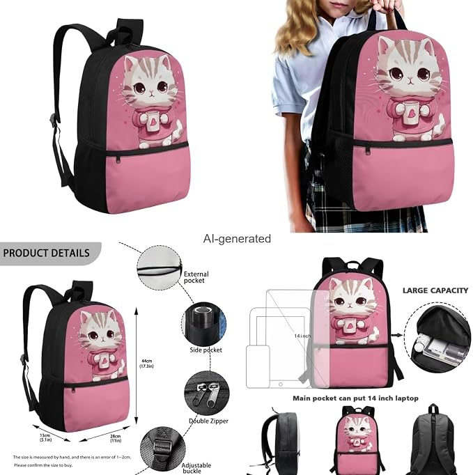 Cat Backpack for School Girls Backpack with Lunch Box Water Bottle Pouch and Kawaii Pencil Case 4PCS Set Cute Bookbag with Front Pocket 17 inch Large Capacity School Bag for Elementary Girls - Image 3