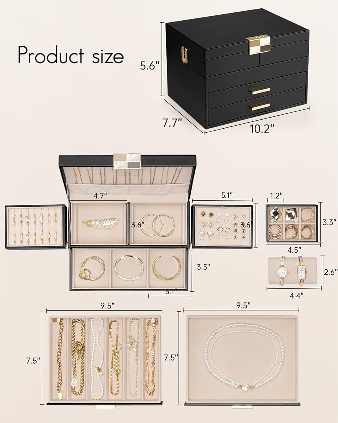 VLANDO 4 Layers Jewelry Box - Women Jewelry Box with Retractable Tray - Jewelry Organizer with Drawer for Necklaces, Rings, Bracelets, Earrings, Gift for Couples Mom Girls - Black - Image 3