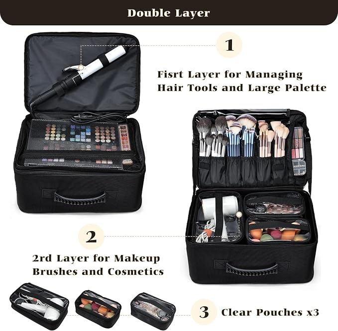 Costravio Makeup Bag Organizer Large Makeup Case Backpack Professional 2 Layers Cosmetic Storage Organizer Brush Slot with 3 Clear Set Bags for Makeup Artists with Shoulder Strap Adjustable Dividers - Image 9