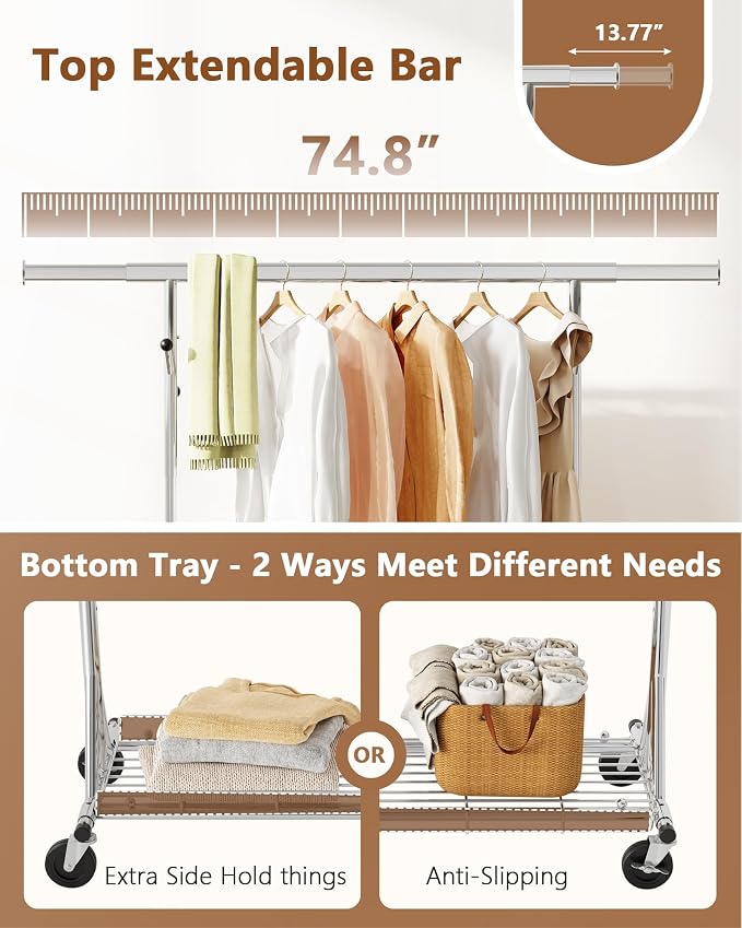 Hoctieon 1-Minute Assembly Clothes Rack, 480 lbs Heavy Duty Rolling Clothing Racks with Wheels, Foldable Garment Rack, Extendable Hanging Bar, Adjustable Metal Pole with Hooks, Chrome - Image 7