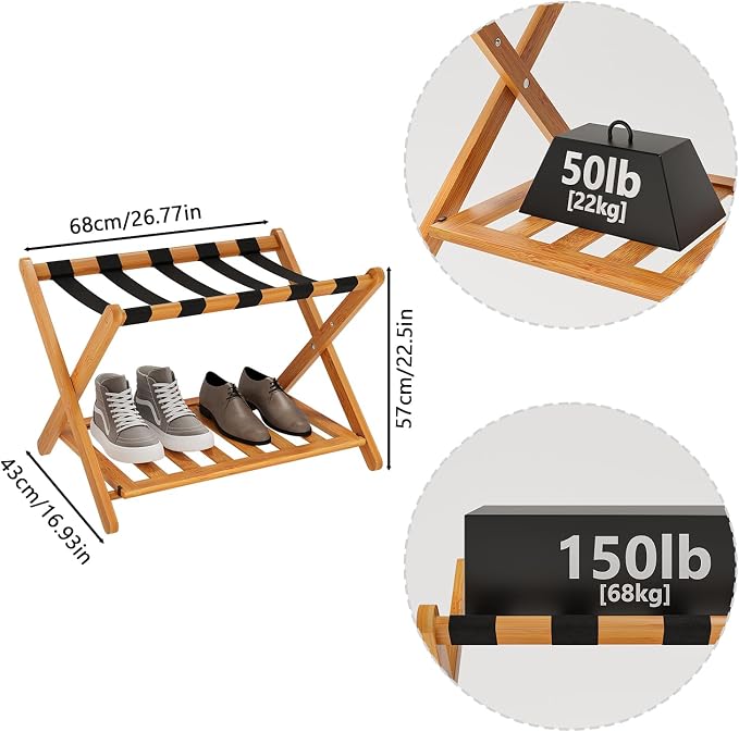Smuxee Fully Assembled Honey Luggage Rack, Upgraded Bamboo Foldable Suitcase Stand with 5 Nylon Straps, Luggage Holder with Shelf for Guest Room Bedroom Hotel - Image 6