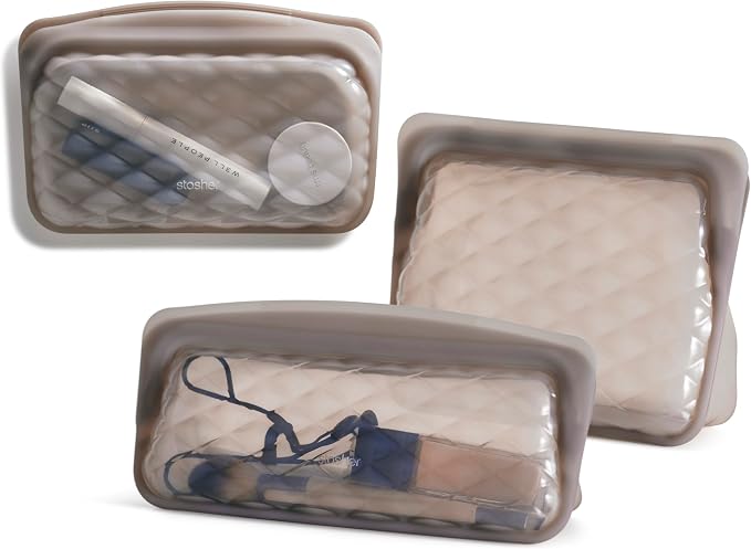 Stasher Silicone Reusable Makeup Bags, 3-Pack, Travel Essentials, Makeup Bag Organizer, Dishwasher & Heat Safe, TSA Friendly Toiletry Bags, Waterproof Bag, BPA Free, Leak-free, Eco Friendly, Taupe by Stasher