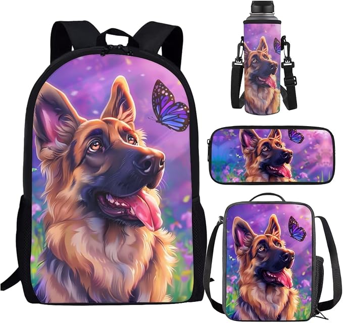 German Shepherd Backpack and Lunch Bag Set for Girls 6-8/8-10/10-12 Dog Kids Bookbag with Lunch Box Butterfly Elementary School Book Bag Lunchbag Pencil Case Student Schoolbag Back Pack by SCRAWLGODDreamWardrobe