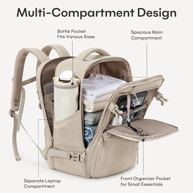 mibasies 30L Travel Backpack for Women & Men: Carry On Luggage Flight Approved, TSA Laptop Backpack with Water Bottle Pocket, Personal Item Bag Fits 15.6" Laptop for Weekender Business - Camel - Image 4